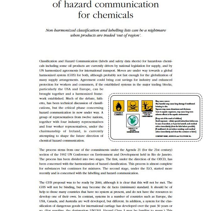 Global harmonized system of hazard communication for chemicals