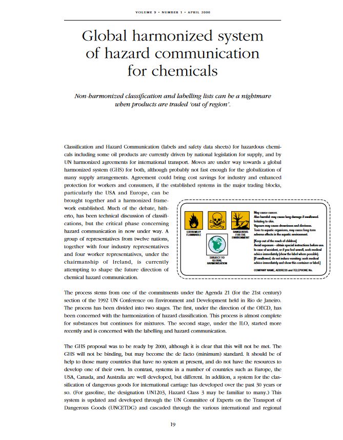 Global harmonized system of hazard communication for chemicals