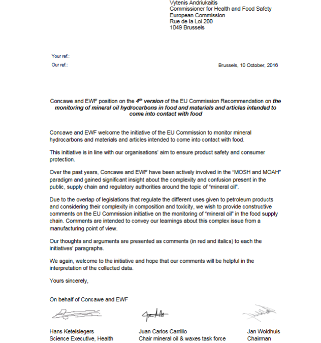 Concawe and EWF position on the 4th version of the EU Commission Recommendation on the monitoring of mineral oil hydrocarbons in food and materials and articles intended to come into contact with food