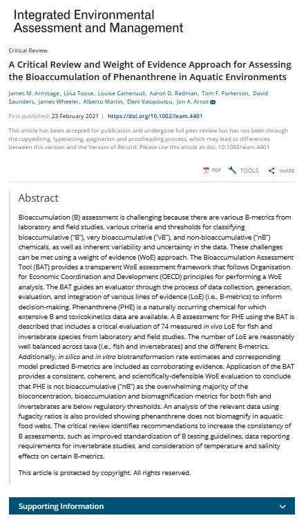 A Critical Review and Weight of Evidence Approach for Assessing the Bioaccumulation of Phenanthrene in Aquatic Environments