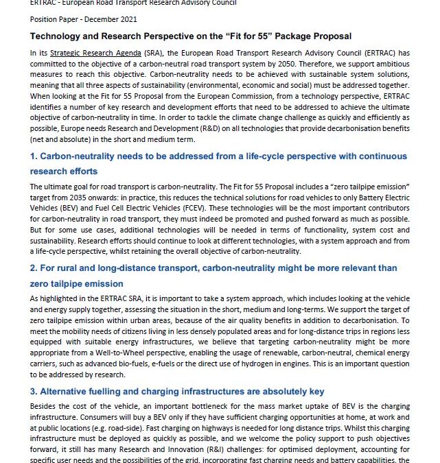 ERTRAC – Technology and Research Perspective on the “Fit for 55” Package Proposal