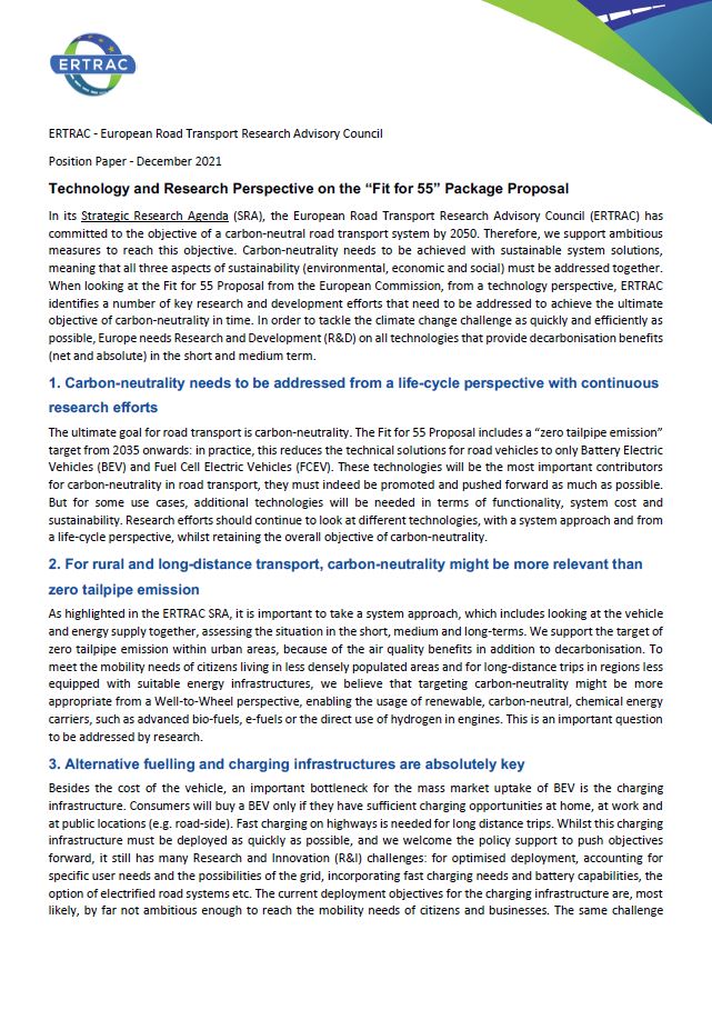 ERTRAC – Technology and Research Perspective on the “Fit for 55” Package Proposal