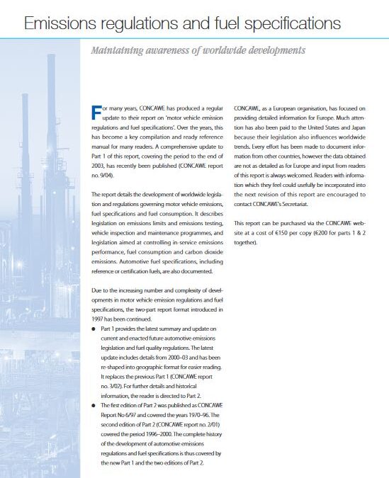 Emissions regulations and fuel specifications
