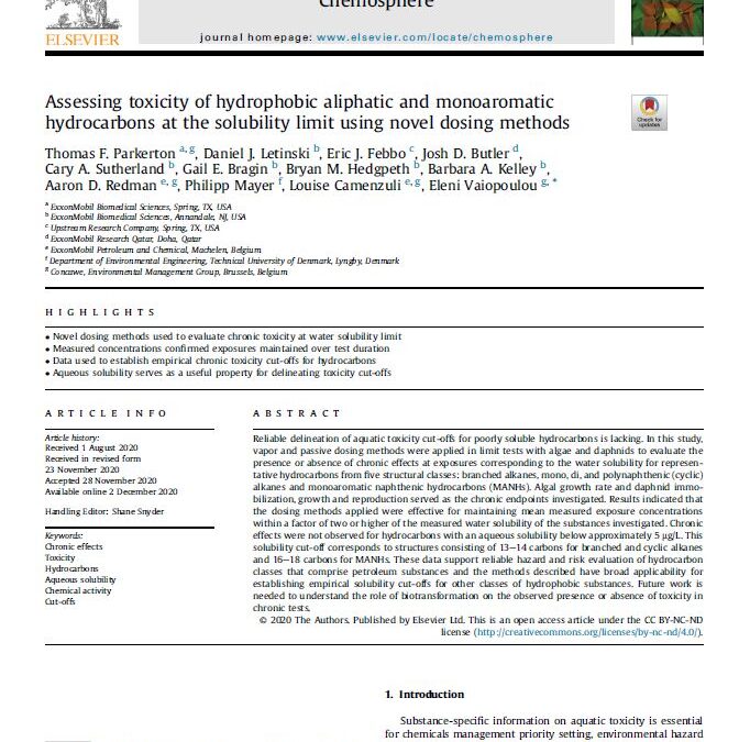 Assessing toxicity of hydrophobic aliphatic and monoaromatic hydrocarbons at the solubility limit using novel dosing methods