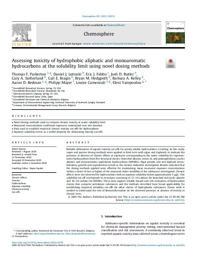 Assessing toxicity of hydrophobic aliphatic and monoaromatic hydrocarbons at the solubility limit using novel dosing methods