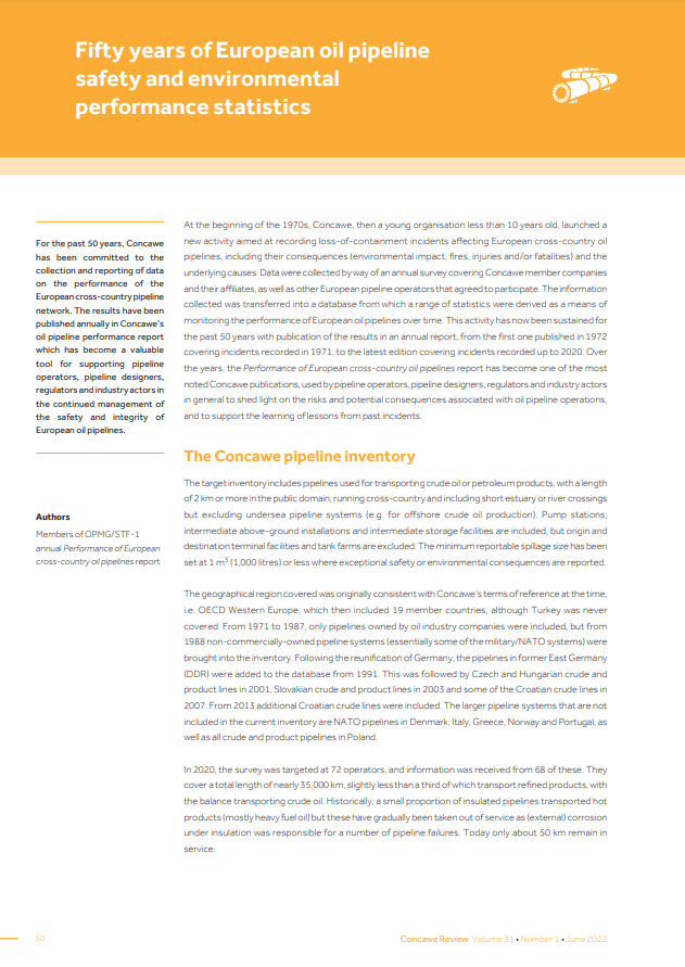 Fifty years of European oil pipeline safety and environmental performance statistics (Concawe Review 31.1)