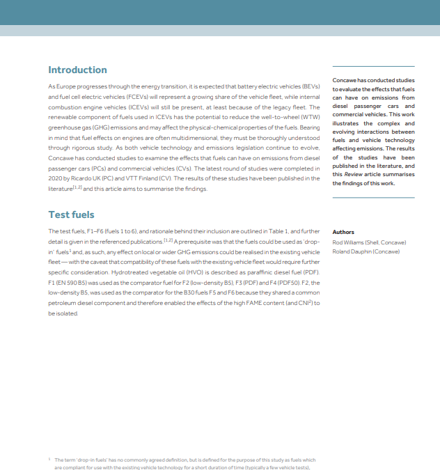 Fuel effects on modern diesel passenger car and commercial vehicle emissions (Concawe Review 31.1)