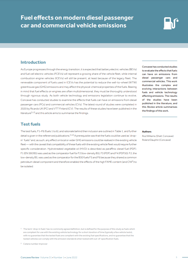 Fuel effects on modern diesel passenger car and commercial vehicle emissions (Concawe Review 31.1)