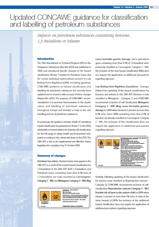 Updated CONCAWE guidance for classification and labelling of petroleum substances