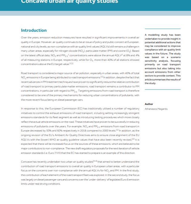 How additional actions in the road transport sector could improve air quality in Europe — an extension of the Concawe urban air quality studies (Concawe Review 31.1)