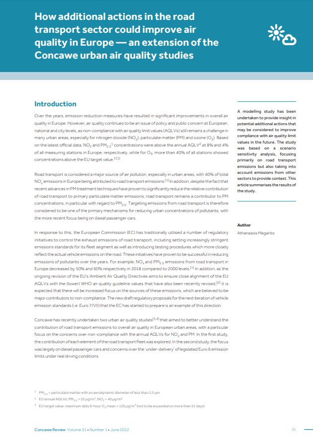 How additional actions in the road transport sector could improve air quality in Europe — an extension of the Concawe urban air quality studies (Concawe Review 31.1)