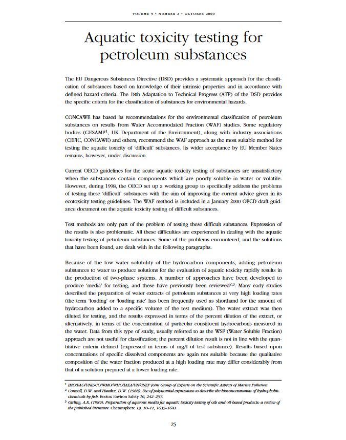 Aquatic toxicity testing for petroleum substances