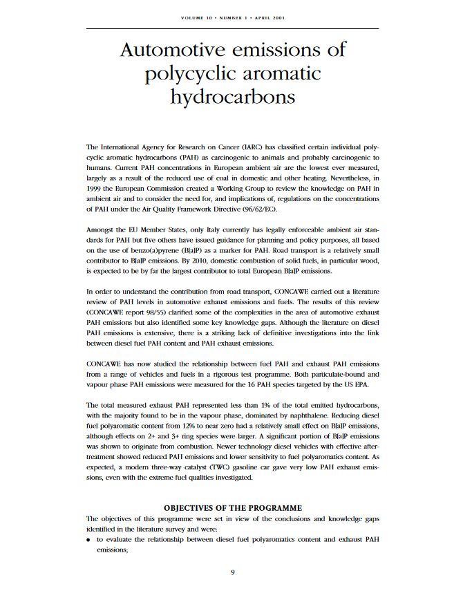 Automotive emissions of polycyclic aromatic hydrocarbons
