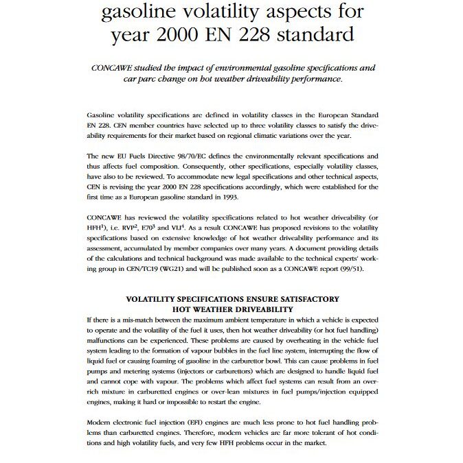 CONCAWE issues guidelines on gasoline volatility aspects for year 2000 EN 228 standard
