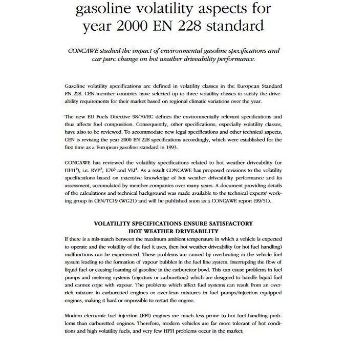 CONCAWE issues guidelines on gasoline volatility aspects for year 2000 EN 228 standard