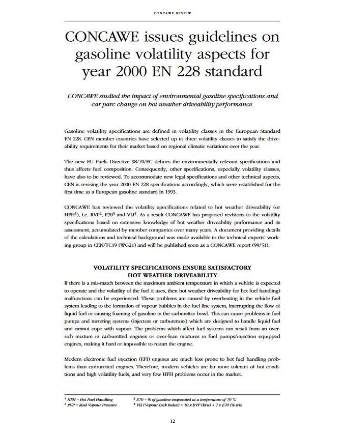 CONCAWE issues guidelines on gasoline volatility aspects for year 2000 EN 228 standard