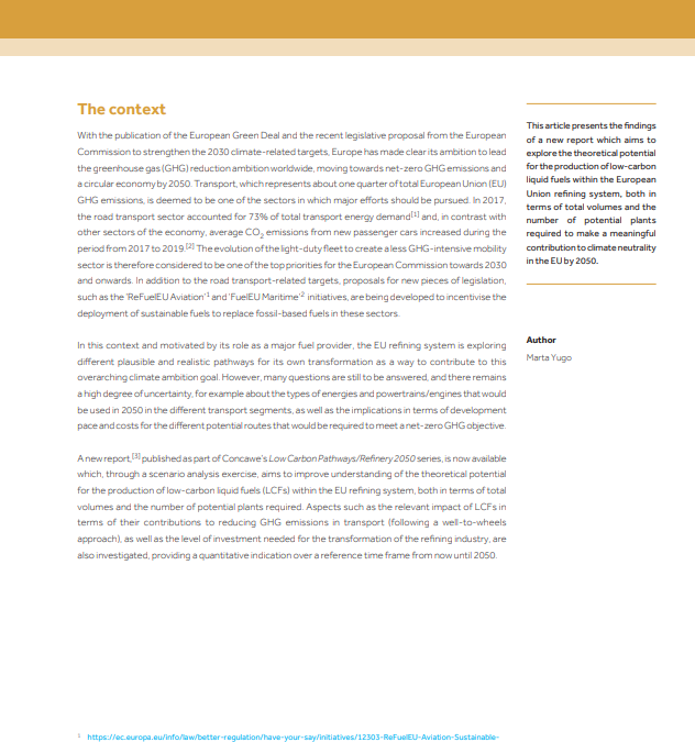 Low-carbon liquid fuels: exploring potential ways to contribute to the 2050 EU climate ambition goals (Concawe Review 30.2)