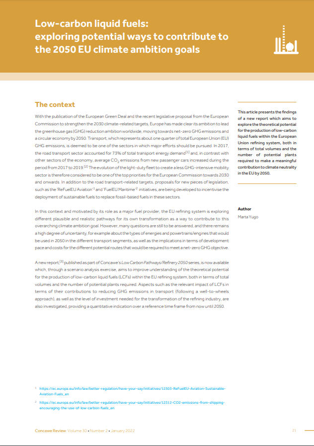 Low-carbon liquid fuels: exploring potential ways to contribute to the 2050 EU climate ambition goals (Concawe Review 30.2)