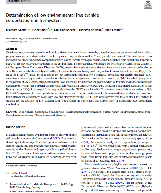 Determination of low environmental free cyanide concentrations in freshwaters