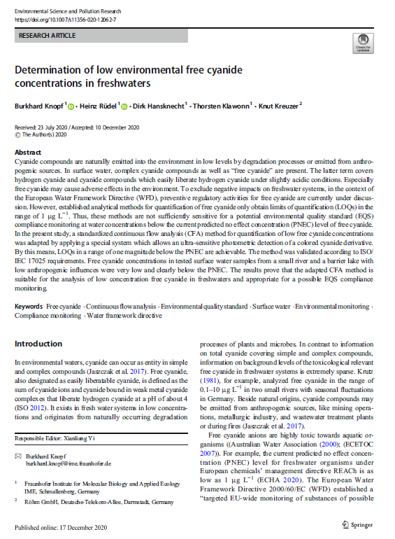 Determination of low environmental free cyanide concentrations in freshwaters