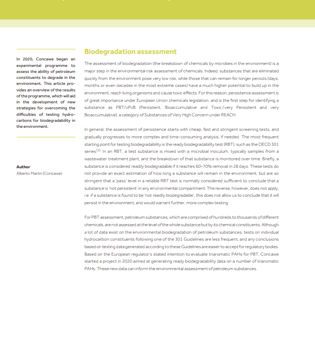 Generation of biodegradability data on petroleum constituents using enhanced tests (OECD guideline 301 F)