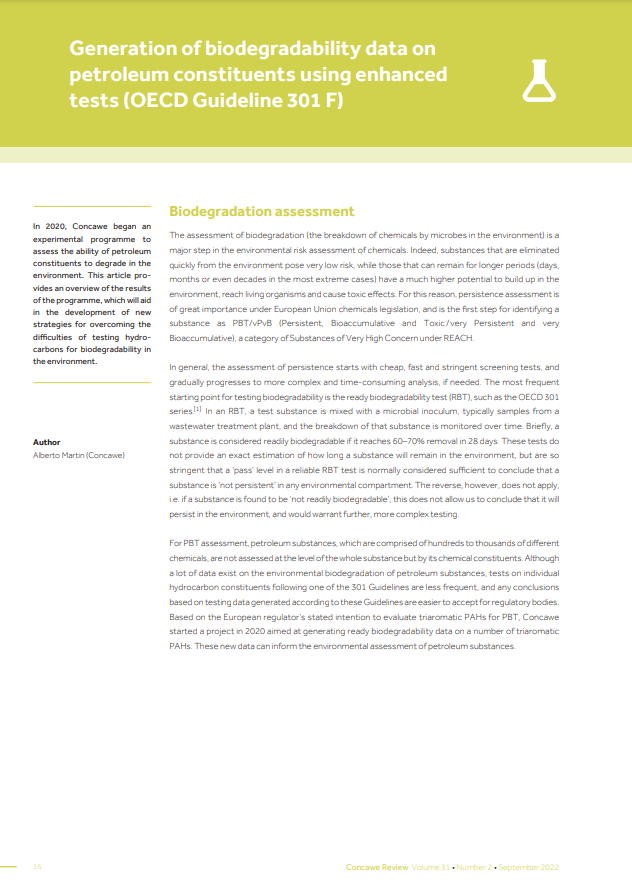 Generation of biodegradability data on petroleum constituents using enhanced tests (OECD guideline 301 F)