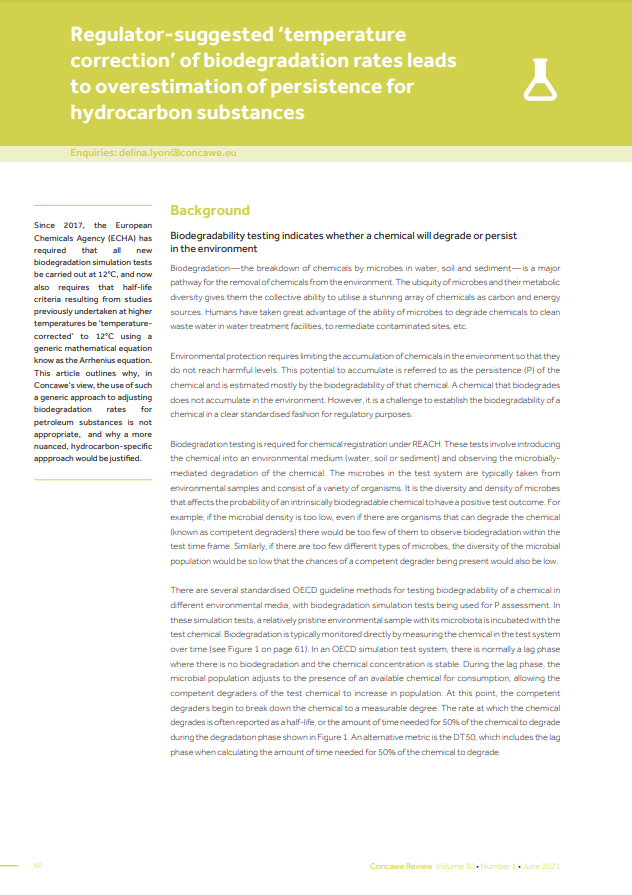 Regulator-suggested ‘temperature correction’ of biodegradation rates leads to overestimation of persistence for hydrocarbon substances (Concawe Review 30.1)