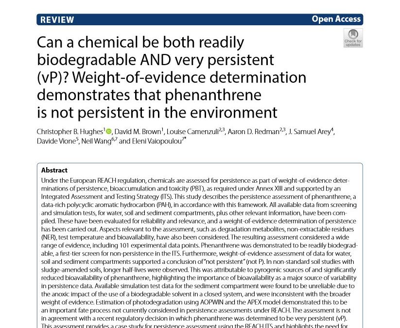 Can a chemical be both readily biodegradable AND very persistent (vP)? Weight‑of‑evidence determination demonstrates that phenanthrene is not persistent in the environment