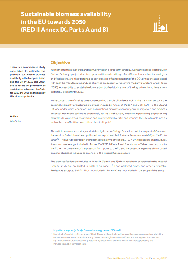 Sustainable biomass availability in the EU towards 2050 (RED II Annex IX, Parts A and B) (Concawe Review 30.2)