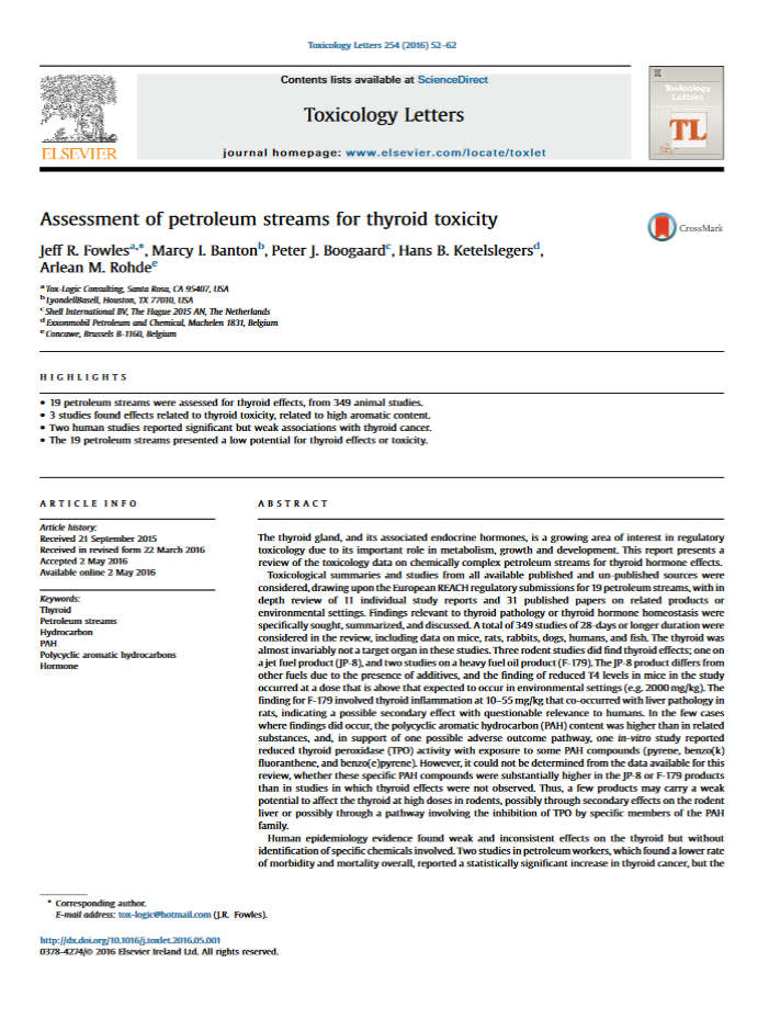 Assessment of petroleum streams for thyroid toxicity